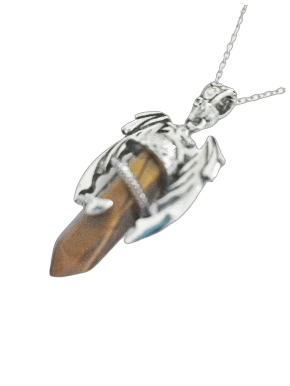 Silver Dragon Tiger Eye Pendant w/ Stainless Steel Necklace NWOT